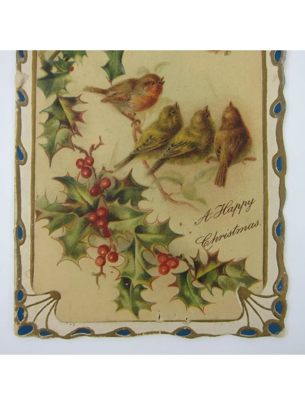 Antique Christmas Card Birds Tree Branch Holly Berries Embossed Bifold UNSIGNED